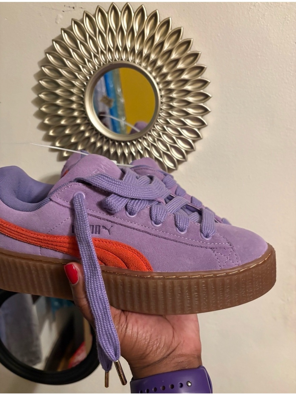 Puma Women Lavender Suede Sneakers with Orange Stripe and Gum Sole
